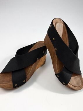Cato "C. Est 1946" Black Crisscross Wedge Sandals